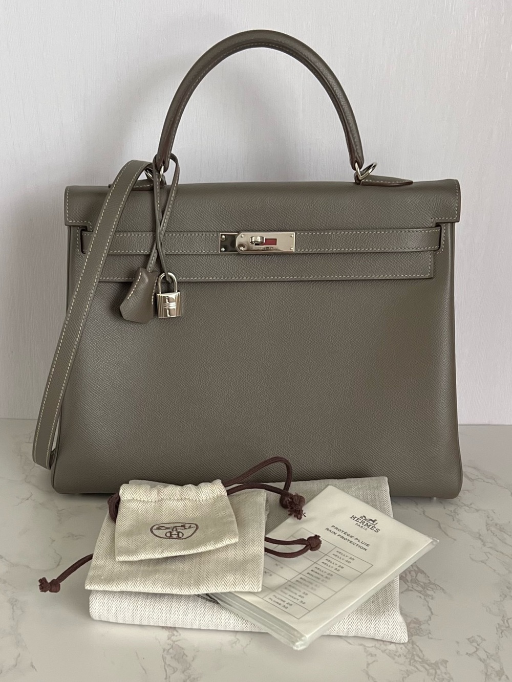 Hermes Verso Kelly Retourne 35 In Etain Epsom and Bleu Thalassa Interior PHW